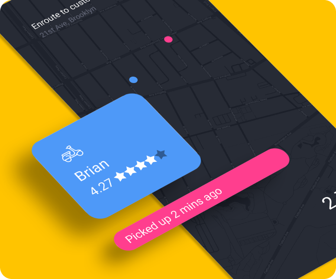 Delivery map with driver rating and pickup status card.