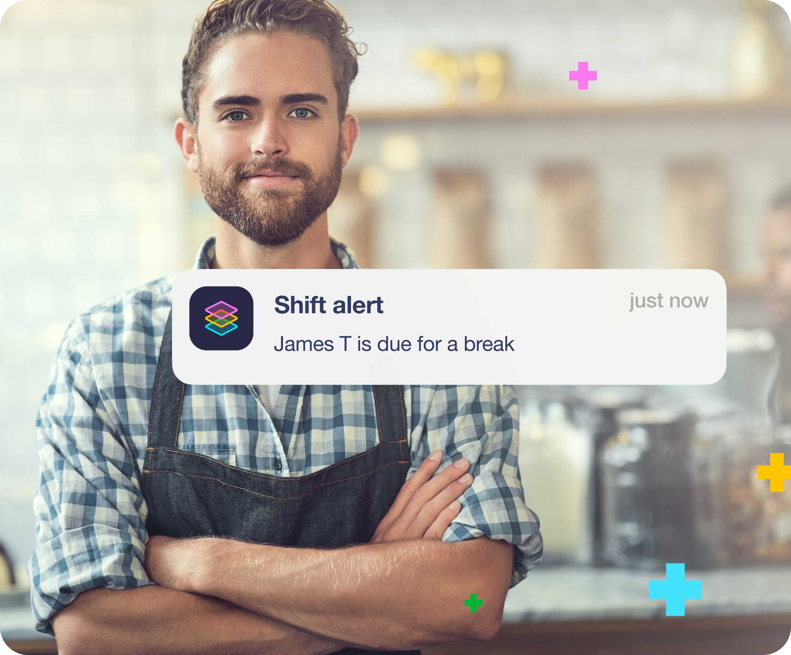 Restaurant worker with shift alert and compliance markers