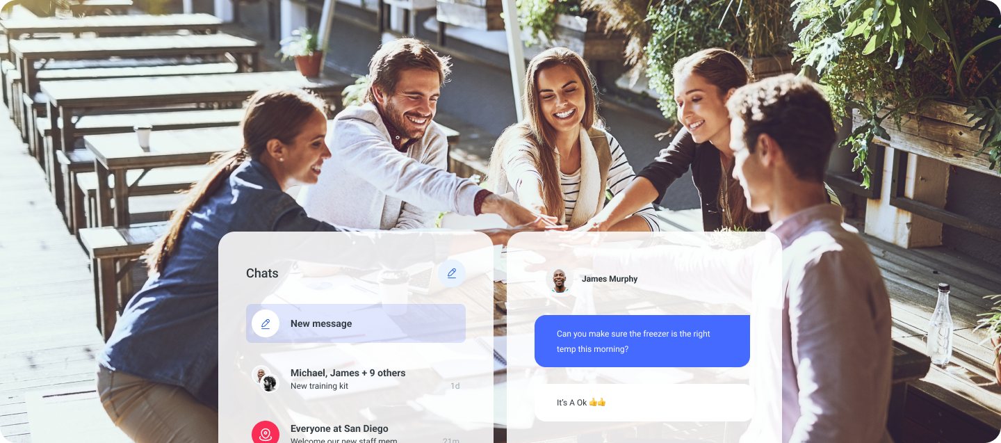 Team members collaborating at a coffee shop