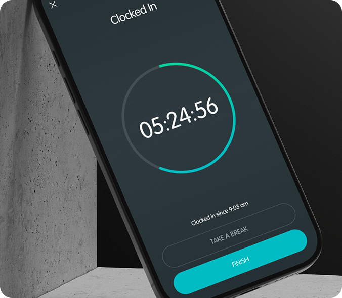 iPhone showing the SocialSchedules time clock screen