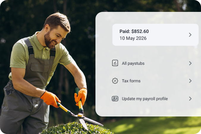 Retail payroll menu over portrait of store employee.