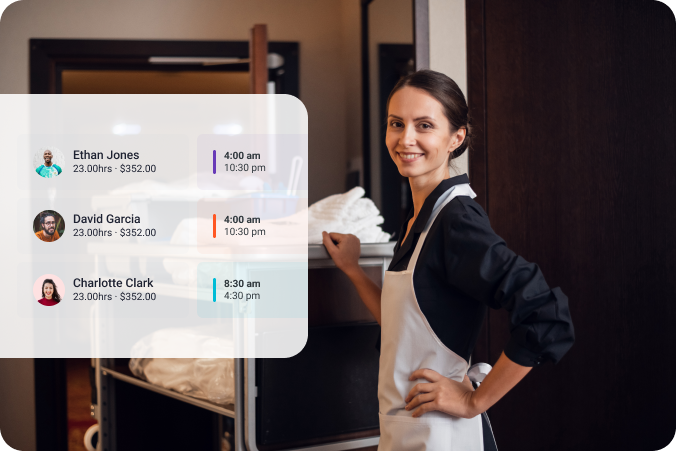 Retail staff scheduling screen over boutique portrait.