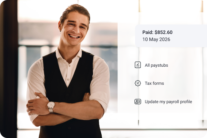 Retail payroll menu over portrait of store employee.