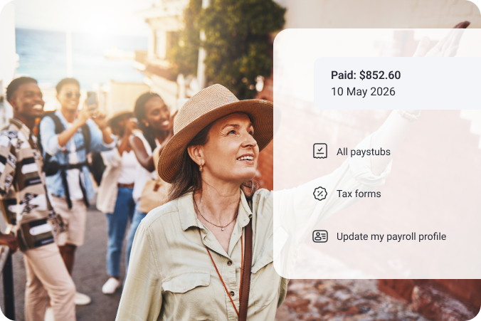 Retail payroll menu over portrait of store employee.