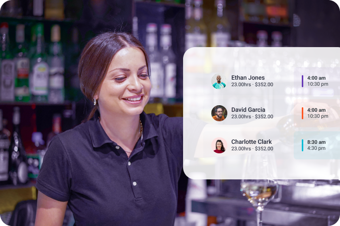 Retail staff scheduling screen over boutique portrait.