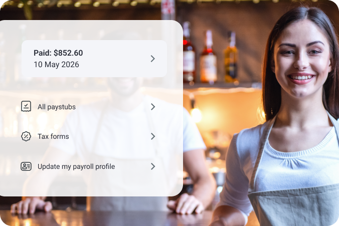 Retail payroll menu over portrait of store employee.