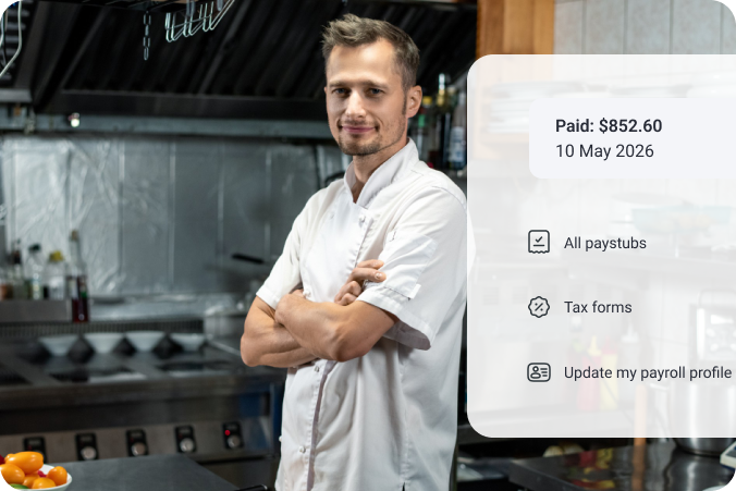Retail payroll menu over portrait of store employee.