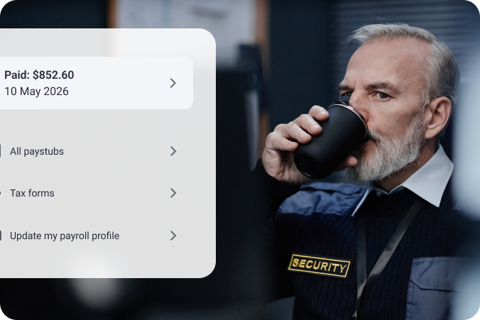 Retail payroll menu over portrait of store employee.