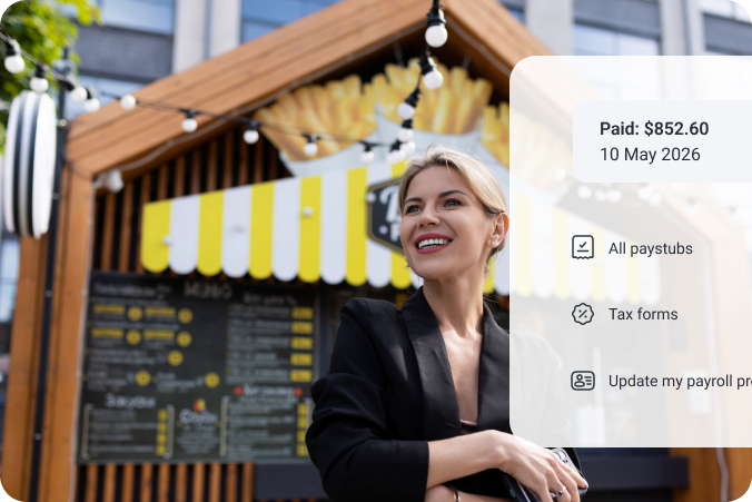 Retail payroll menu over portrait of store employee.