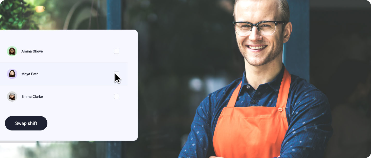 Retail team portrait with shift swap modal.