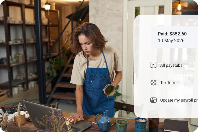 Retail payroll menu over portrait of store employee.