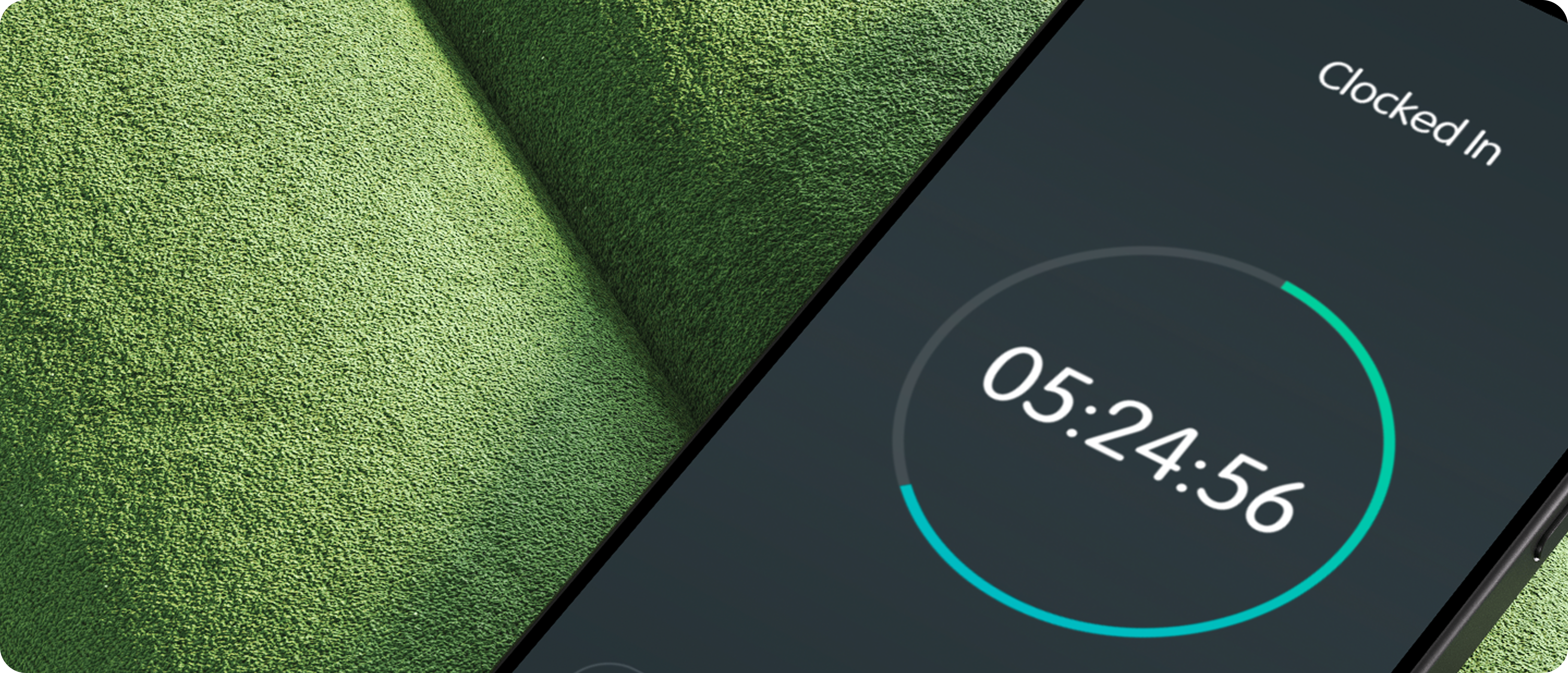 Time clock mobile screen showing active shift timer and controls.